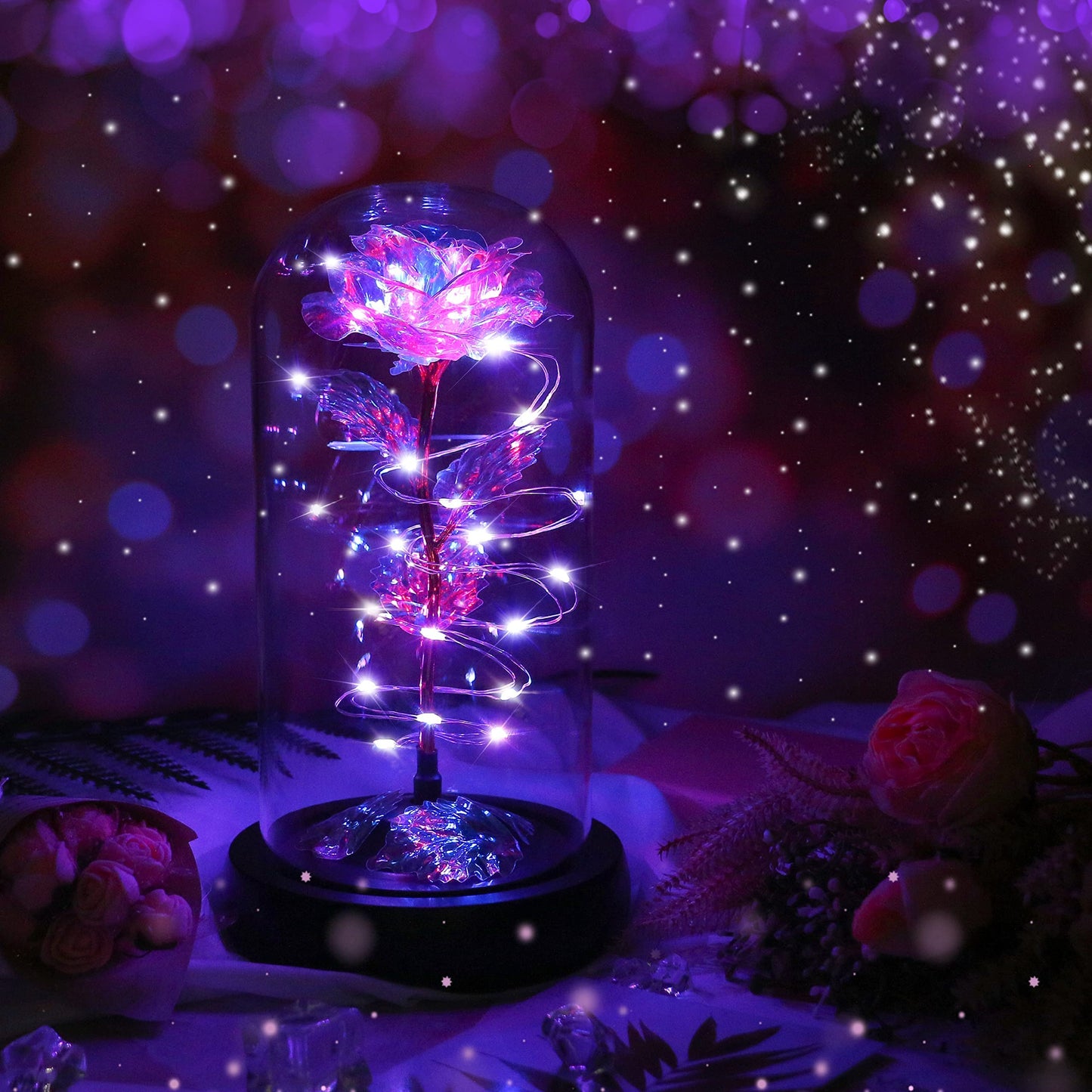 Childom Rotating Valentines Day Gifts for Her,Birthday Gifts for Women,Valentines Rose Flower,Light Up Rose in Glass Dome,Spinning Colorful Artificial Preserved Flowers Gifts for Mom,Wife,Anniversary