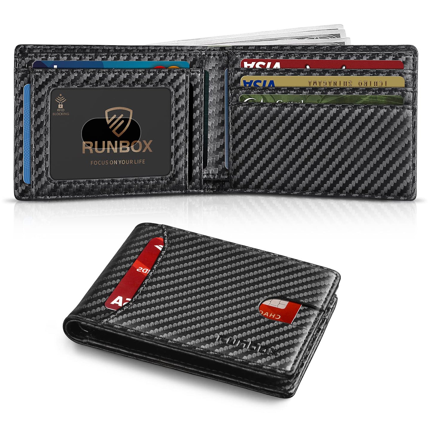 RUNBOX Wallet for Men Slim 11 Credit Card Holder Slots Leather RFID Blocking Small Thin Men's Wallet Bifold Minimalist Front Pocket Large Capacity Gift Box Carbon Black